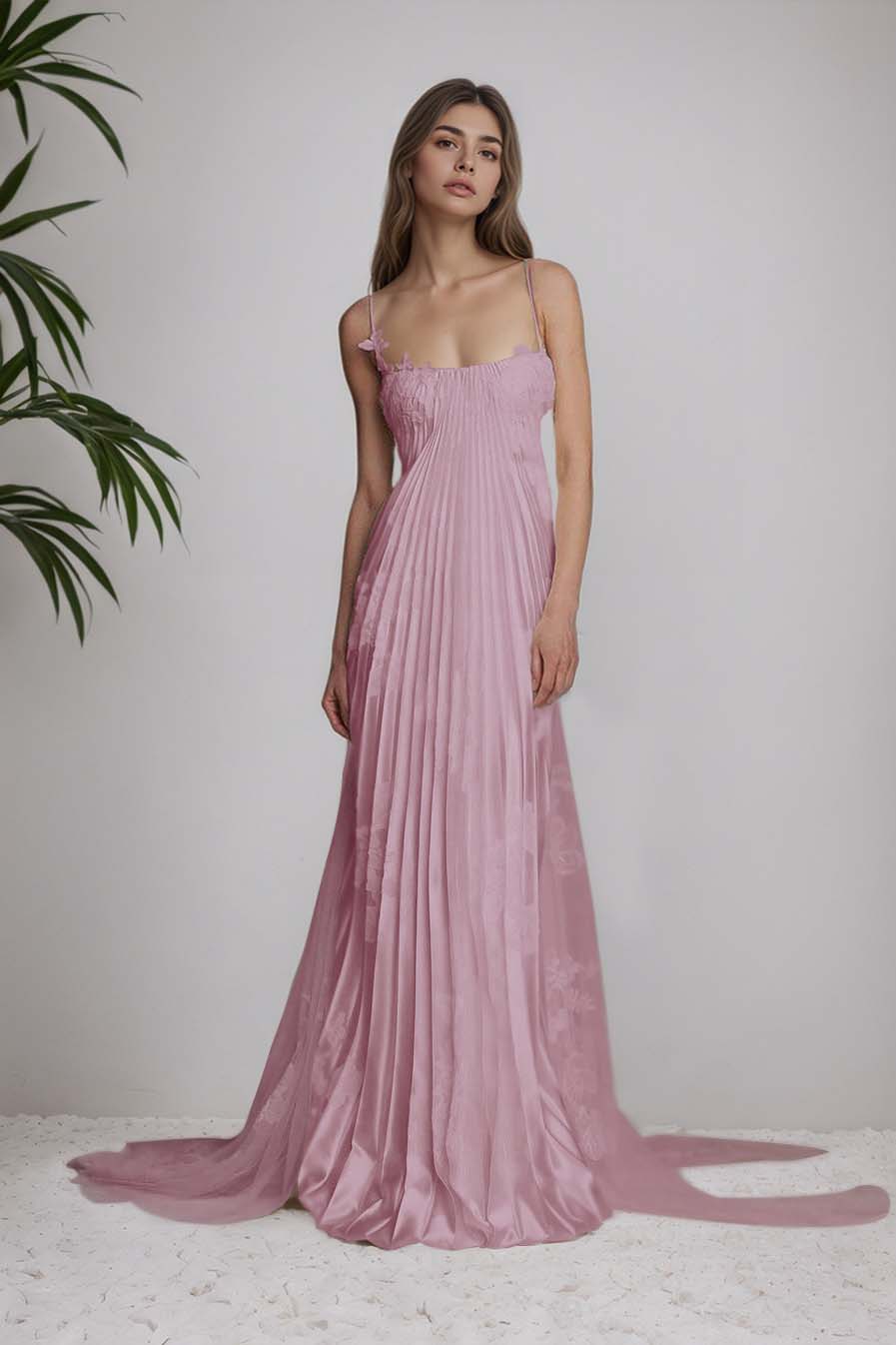 Stunning Spaghetti-Straps Pleated Sheath Appliques Prom Dress With Detachable Train XJ0176
