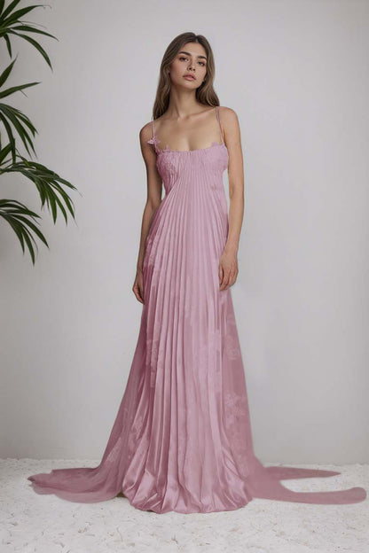 Stunning Spaghetti-Straps Pleated Sheath Appliques Prom Dress With Detachable Train XJ0176