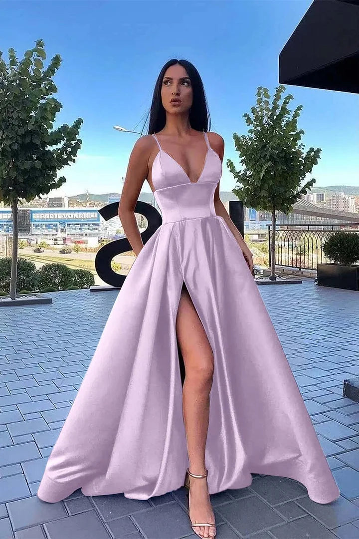 Elegant Burgundy Satin V Neck Spaghetti-Straps Long A-Line Split Prom Dress ED0113