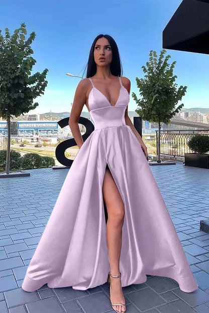 Elegant Burgundy Satin V Neck Spaghetti-Straps Long A-Line Split Prom Dress ED0113