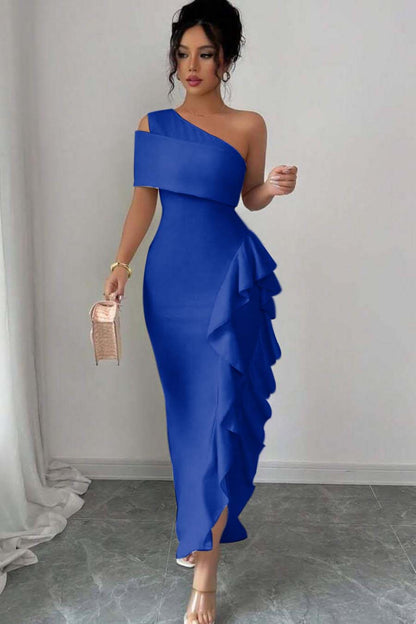 One Shoulder Sleeveless Long Split Prom Dress With Pleated Ruffles XJ0748