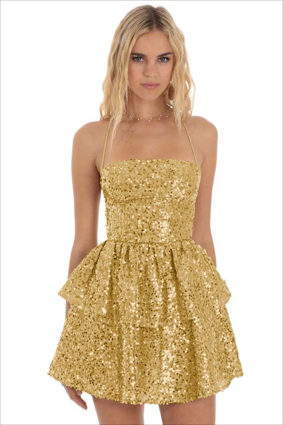 Champagne Sequins Halter Sleeveless Short Homecoming Dress with Ruffles HC0011