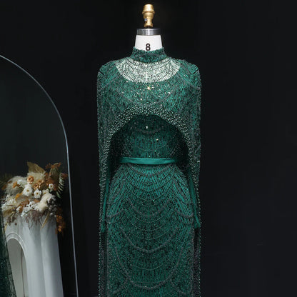 Nude Luxury Long Sleeves Muslim Evening Dresses with Cape SS369A