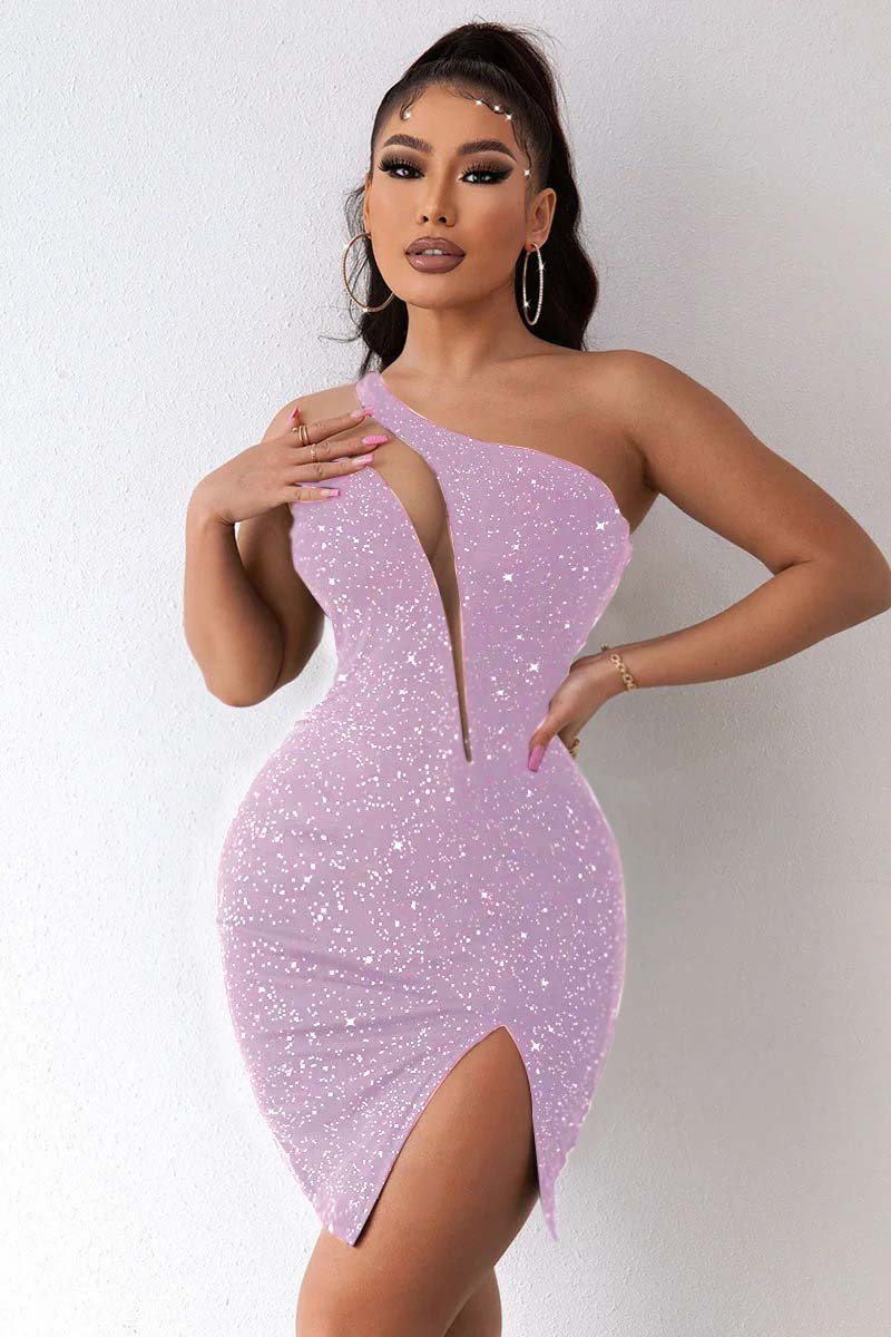 Hellodresses Black One Shoulder Sleeveless Short Homecoming Dress Sequins With Split