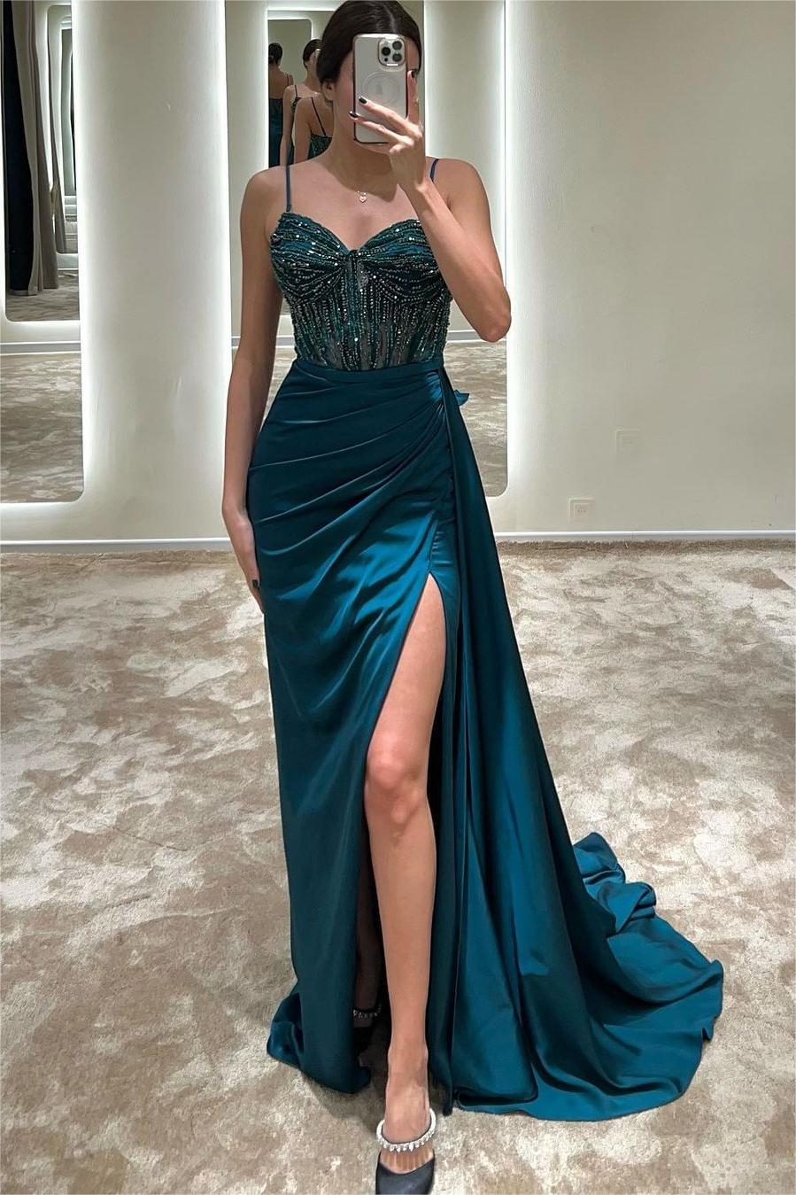 Hellodresses Exquisite Spaghetti Strap Sleeveless Pleated Long Split Prom Dress With Beading
