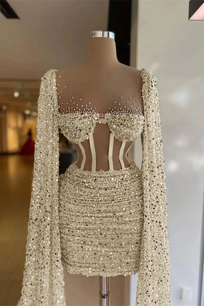 Hellodresses Sequins Square Long Sleeves Pleated Short Homecoming Dress With Beadings