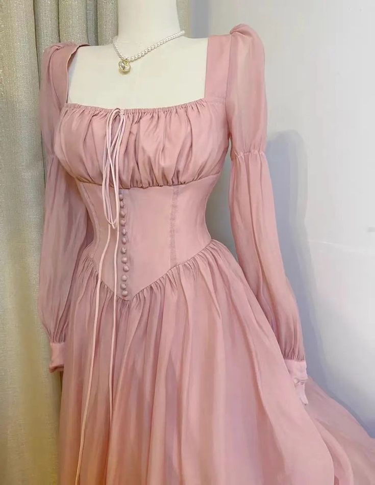 zelldressess-Pink long-sleeved retro elegant sweet bridesmaid dress gh5757