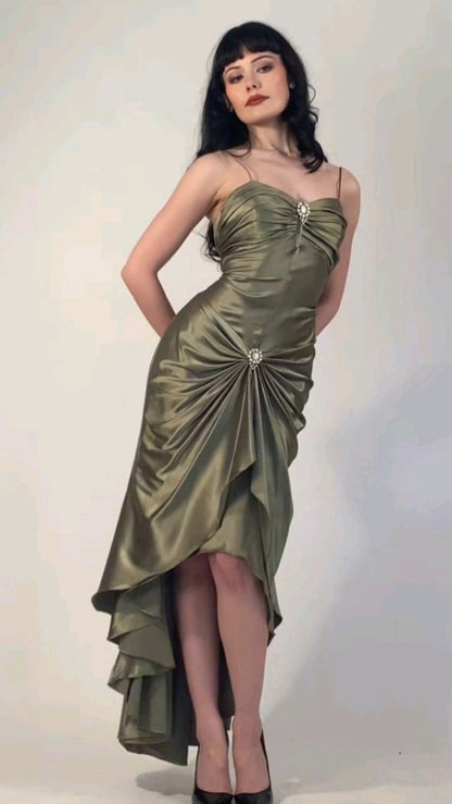Stunning Mermaid Spaghetti Strap Rhinestone Green Satin Party Dress Evening Dress SH2821