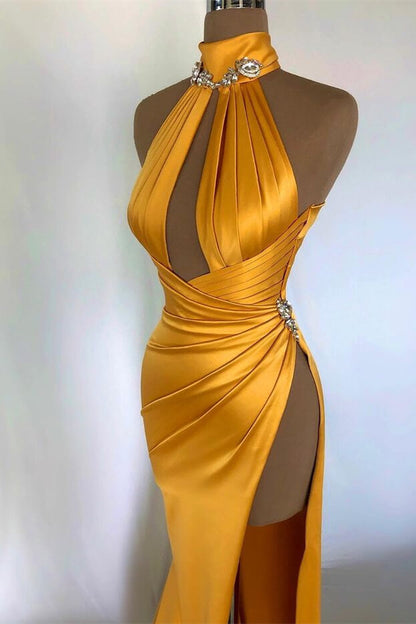 Chic Gold Slit Halter Mermaid Prom Dress | Zelldresses