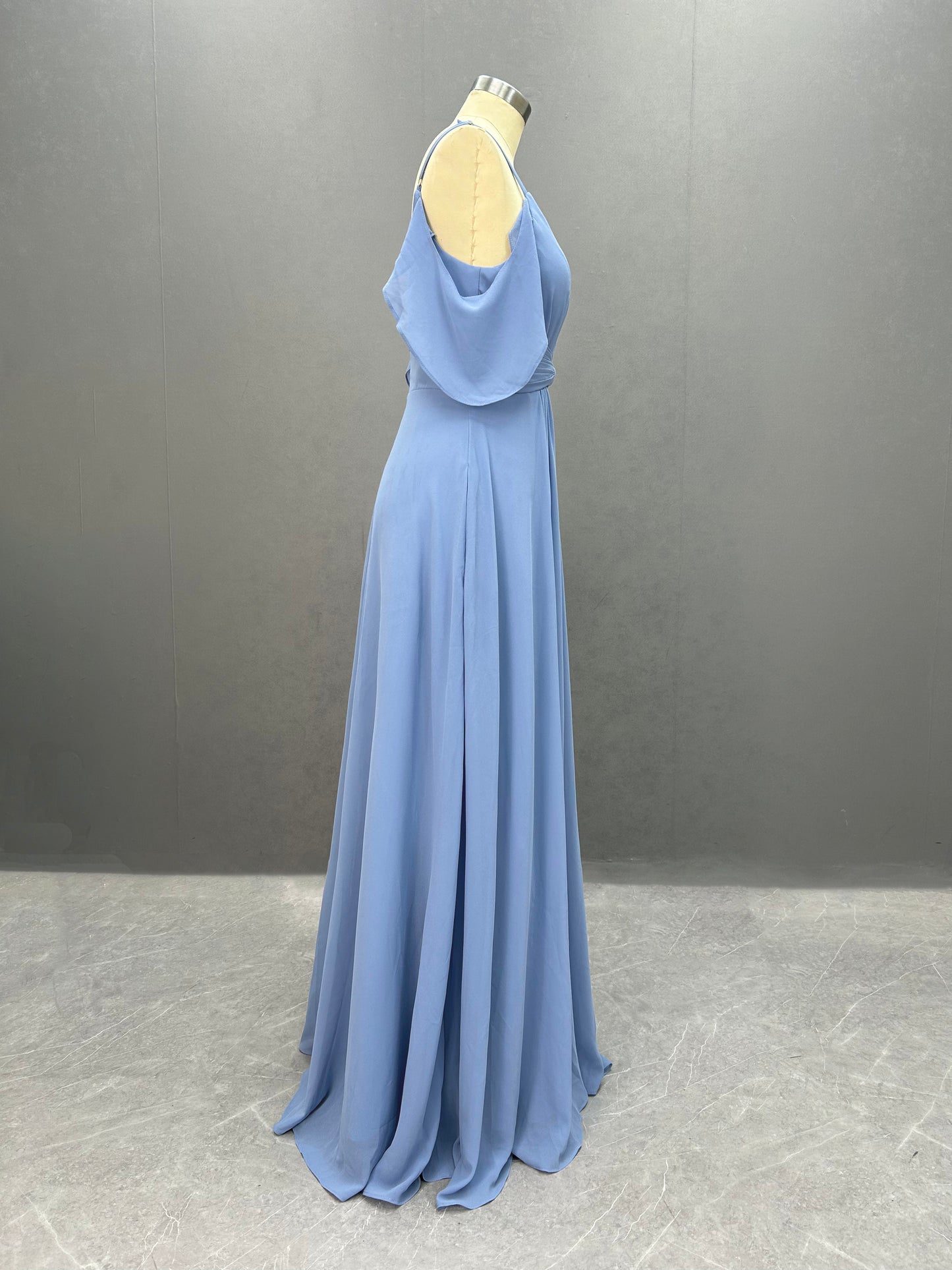 Hellodresses Elegant Spaghetti Straps Off-The-Shoulder Long Pleated Split Chiffon Bridesmaid Dress With Ruffles