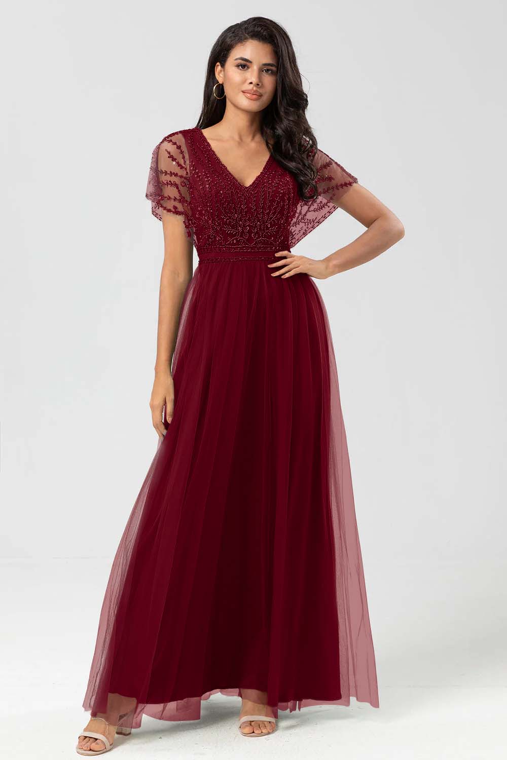 Green V Neck A Line Ankle Length Bridesmaid Dress with Lace YU0058