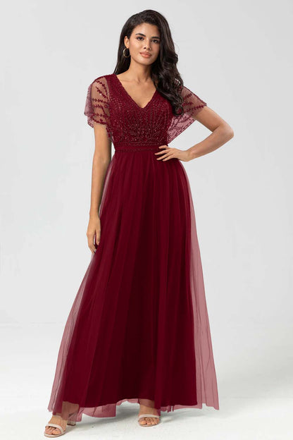 Green V Neck A Line Ankle Length Bridesmaid Dress with Lace YU0058