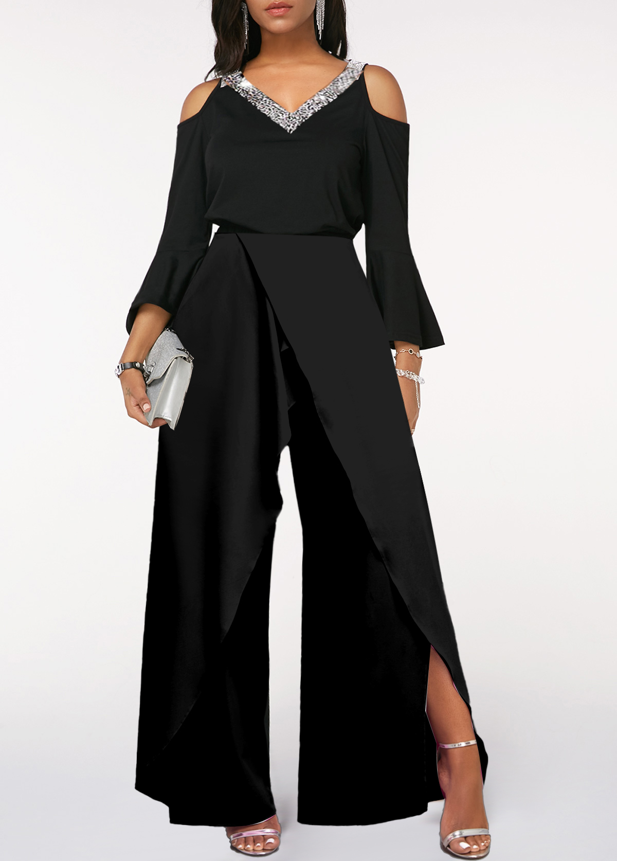 Hellodresses Black V Neck Ruffled Sleeves High Waist Split Wide Leg Jumpsuit with Beadings