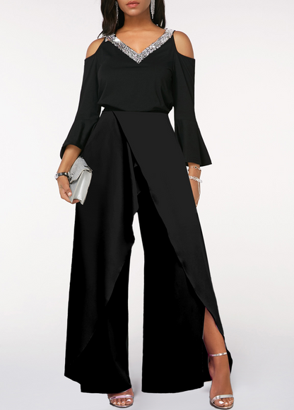 Hellodresses Black V Neck Ruffled Sleeves High Waist Split Wide Leg Jumpsuit with Beadings