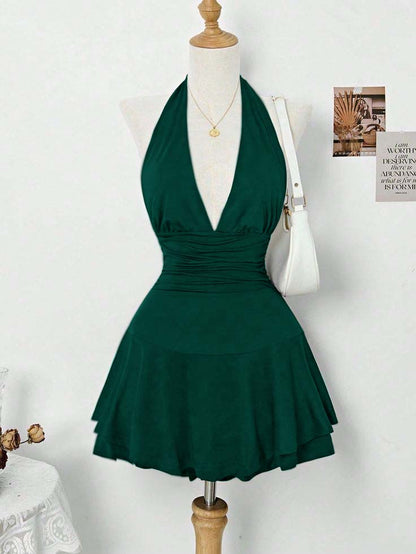 Halter Deep V Neck Sleeveless Short Homecoming Dress With Pleated HC0167