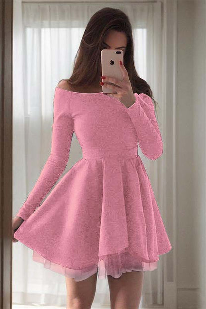 Black Spandex Off the Shoulder Long Sleeves A Line Homecoming Dress with Ruffles HC0046