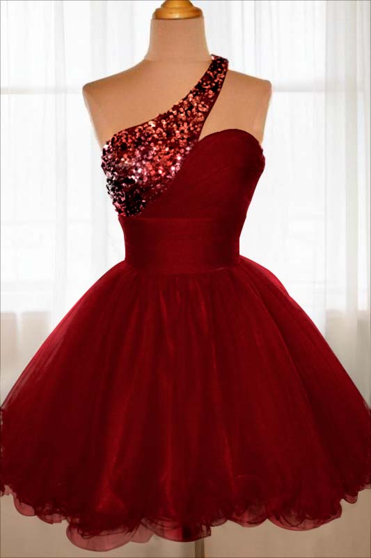 Chic Red One Shoulder Sleeveless A Line Homecoming Dress With Beadings HC0045