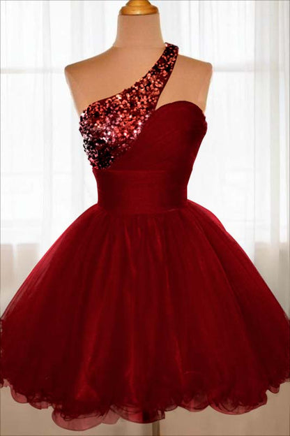 Chic Red One Shoulder Sleeveless A Line Homecoming Dress With Beadings HC0045