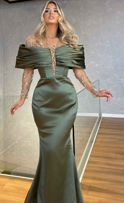 Green Prom Dress Off-the-shoulder Long Sleeves Beaded Embellished Mermaid Dress YL0193