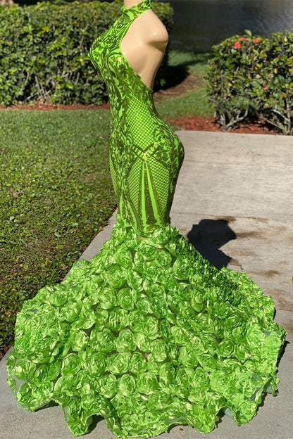 Green Prom Dress Halter Open Back Mermaid Sleeveless Dress With Flower Appliques YL0110
