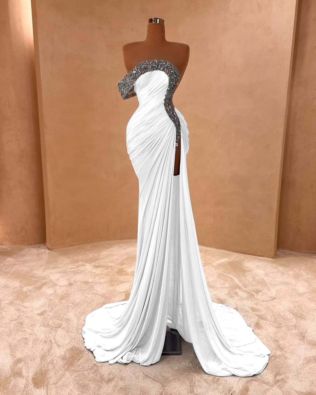 One Shoulder Sleeveless Long Split Prom Dress With Pleated Sequins ZC0079