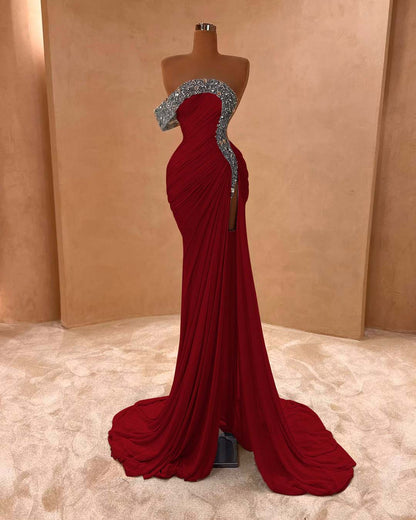 One Shoulder Sleeveless Long Split Prom Dress With Pleated Sequins ZC0079