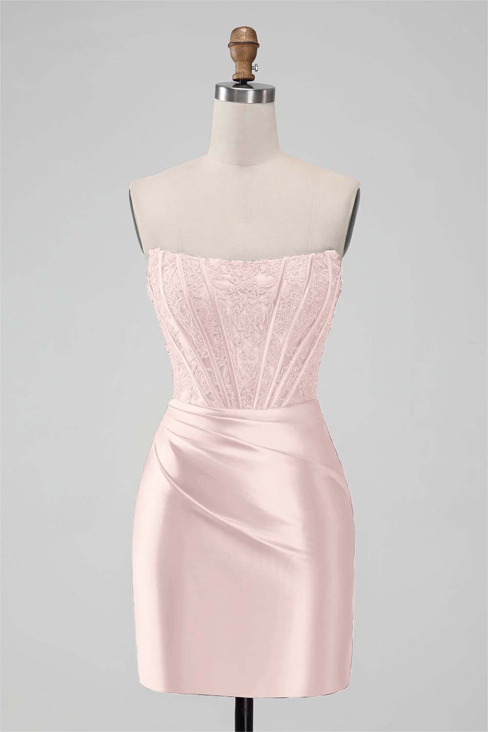 Red Satin Strapless Sleeveless Pleated Short Homecoming Dress with Embroidery HC0005