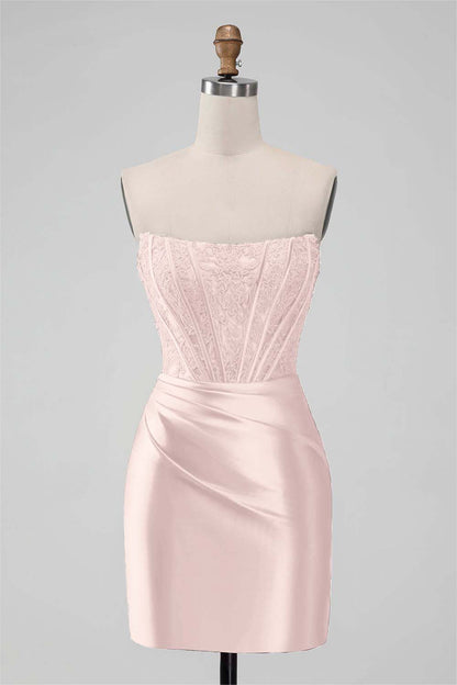 Red Satin Strapless Sleeveless Pleated Short Homecoming Dress with Embroidery HC0005