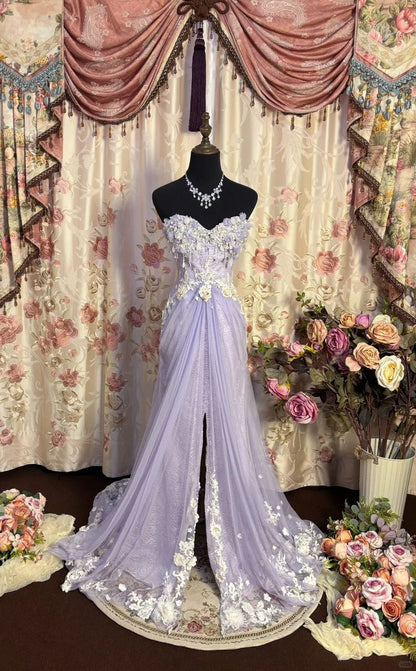 Lilac A Line Sweetheart Neck Beaded Satin Lace Prom Dresses Long Evening Party Dress SH2708