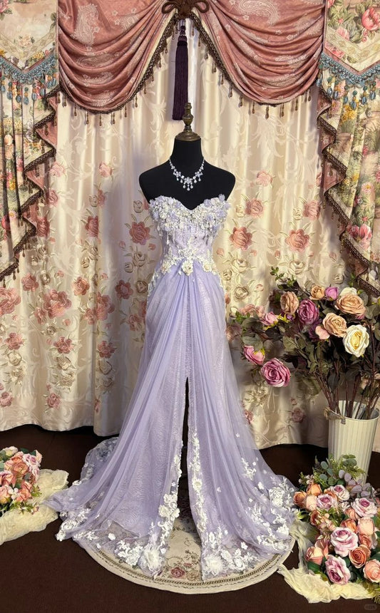 Lilac A Line Sweetheart Neck Beaded Satin Lace Prom Dresses Long Evening Party Dress SH2708