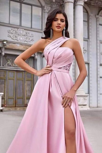 Elegant Dusty Rose Satin One Shoulder Sleeveless Long Split Prom Dress with Sequins | Zelldresses