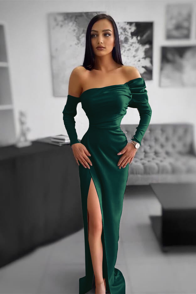 Elegant Lotus Root Pink Prom Dress Half-Sleeves Strapless Pleated with Slit ED0572