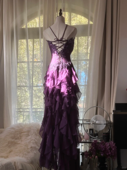 Romantic Purple Ruffle Chiffon Sleeveless Long Elegant Ball Gown Evening Dress Birthday Party Dress gh4270