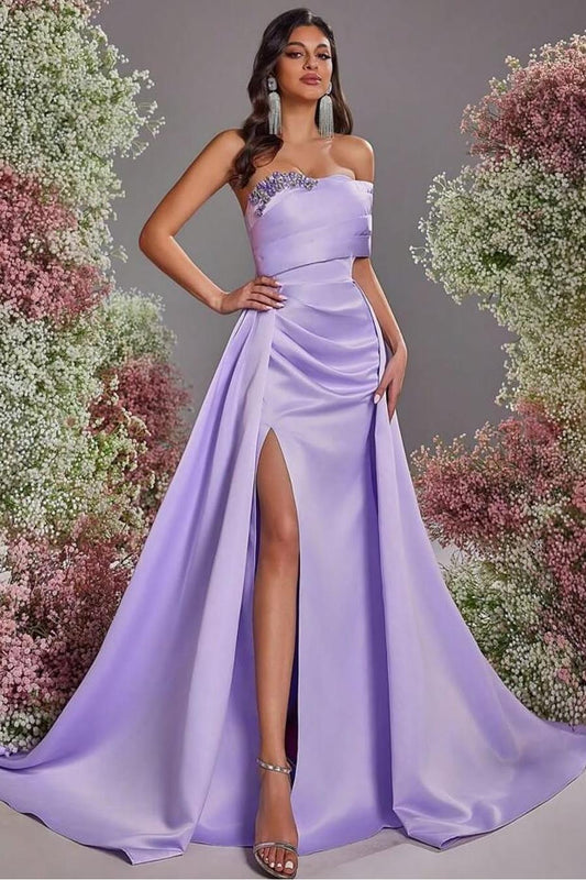 Charming Lilac Satin Off the Shoulder Strapless Long Split Prom Dress with Beadings | Zelldresses