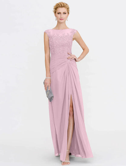 A-Line Mother of the Bride Dress Wedding Guest Elegant See Through Bateau Neck Floor Length Chiffon Lace Sleeveless with Side Draping Fall