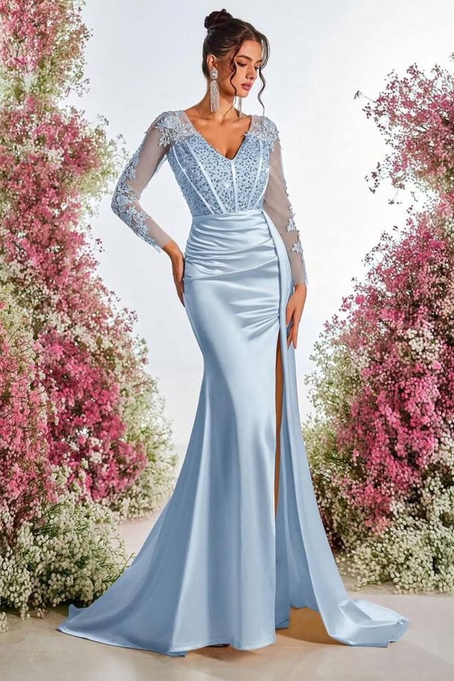Charming Sky Blue Satin Long Sleeves V Neck Applique Split Prom Dress with Beadings | Zelldresses