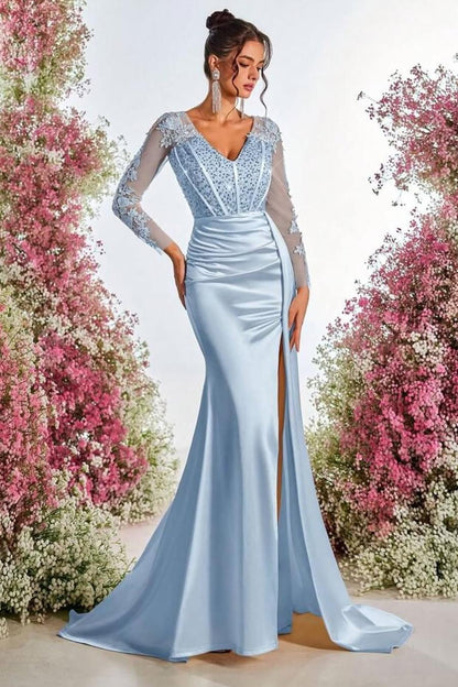 Charming Sky Blue Satin Long Sleeves V Neck Applique Split Prom Dress with Beadings | Zelldresses