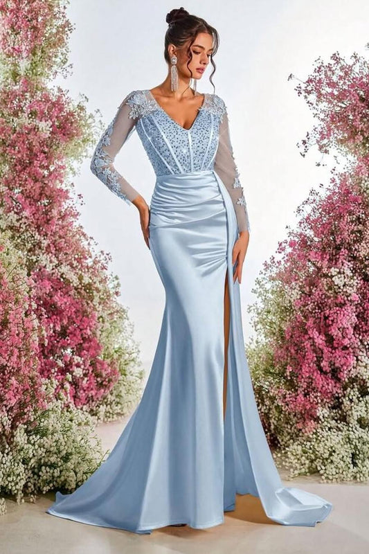 Charming Sky Blue Satin Long Sleeves V Neck Applique Split Prom Dress with Beadings | Zelldresses