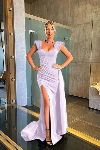 Black Sweetheart Short Sleeves Long Mermaid Split Prom Dress With Ruffles PD0494