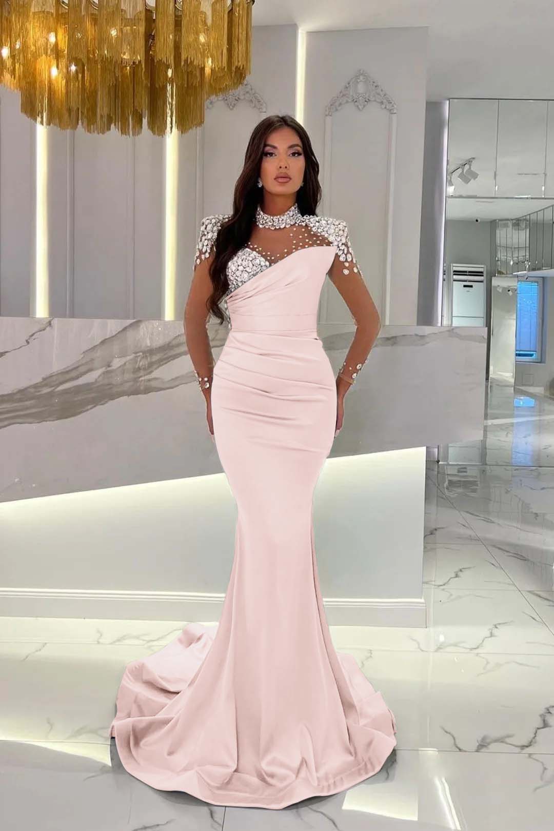 Charmeuse Dusty Blue Prom Dress Long Mermaid Tulle With Beadings YL0259