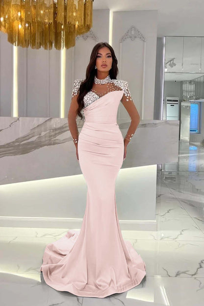 Charmeuse Dusty Blue Prom Dress Long Mermaid Tulle With Beadings YL0259