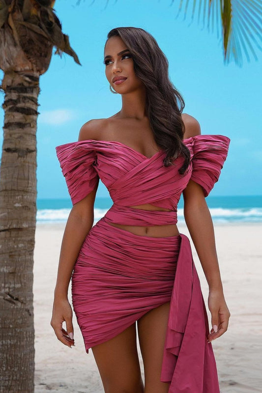 Sexy Rose Pink Off-The-Shoulder Homecoming Dress Pleated Mini YL0214