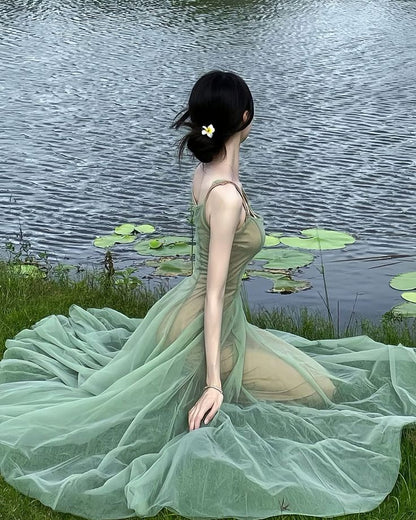 Gentle A Line Spaghetti Strap Green Tulle Long Party Dress Evening Dress SH2857