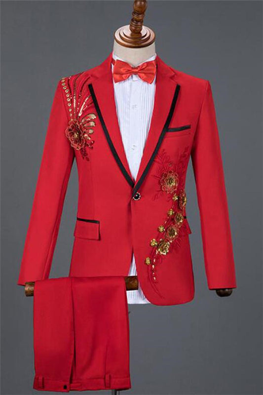 Newest Red Sequin Embroidery Lace Floral One Button Best Wedding Suits For Men | Zelldresses
