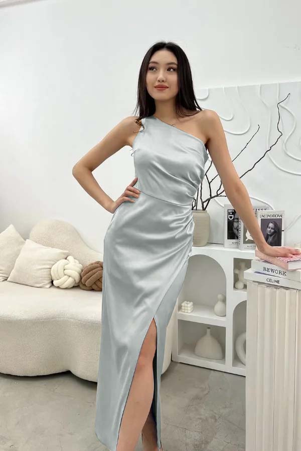 Chic Sleeveless One Shoulder Long Prom Dress With Pleated Split JQ0244