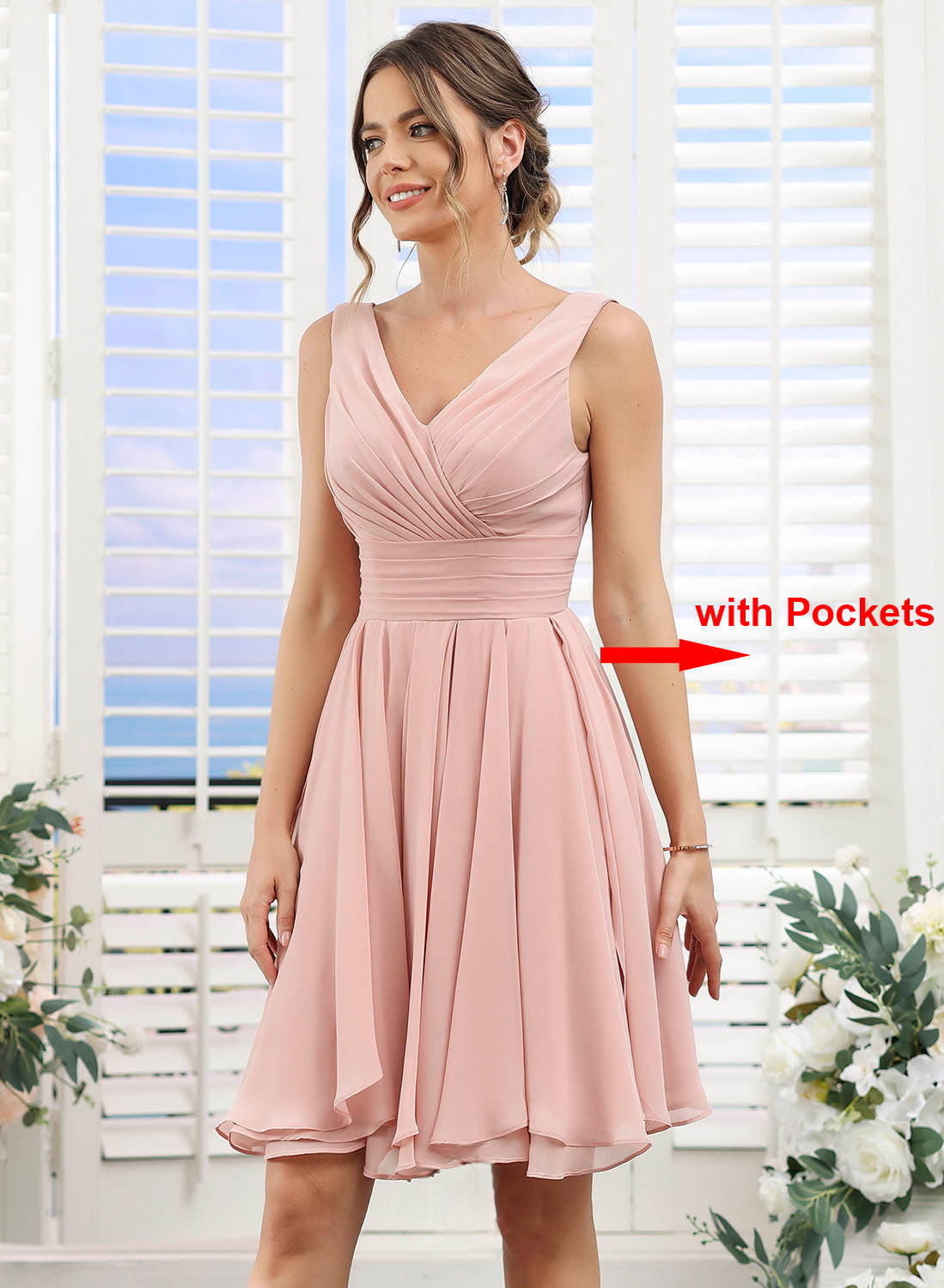 Dusty Pink Chiffon V Neck Sleeveless Pleated Short Bridesmaid Dress with Pockets YJ114