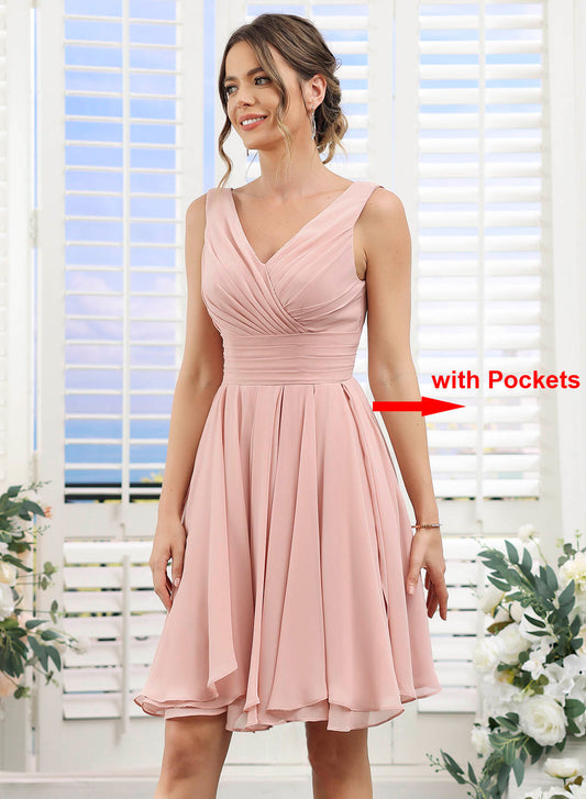 Dusty Pink Chiffon V Neck Sleeveless Pleated Short Bridesmaid Dress with Pockets YJ114
