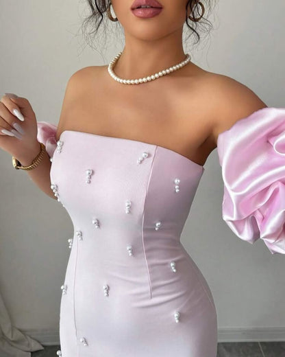 Chic Pink Strapless Bubble Sleeves Beaded Split Prom Dress with Pearl | Zelldresses