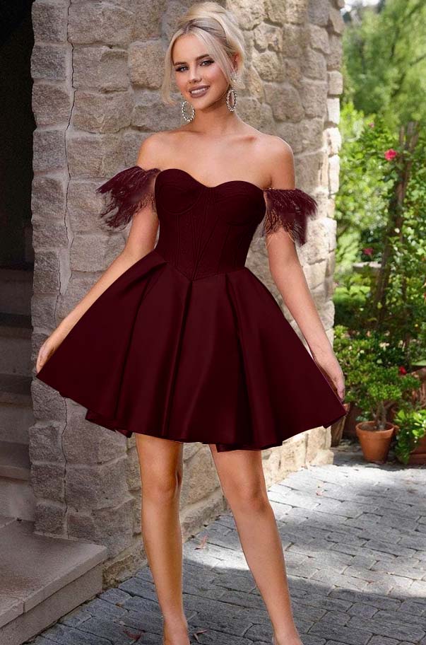 Off the Shoulder Sweetheart Sleeveless Short A Line Homecoming Dress With Feather HC0176