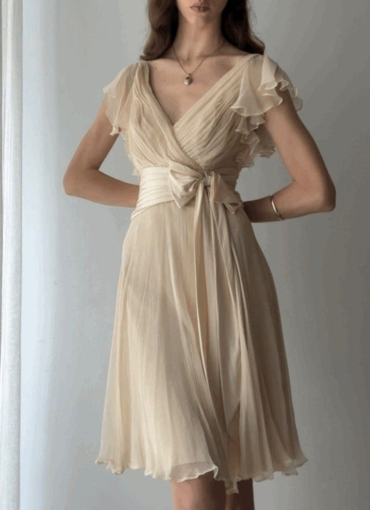 Apricot A Line V Neck Chiffon Homecoming Dress Cocktail Dress with Bow SH3655